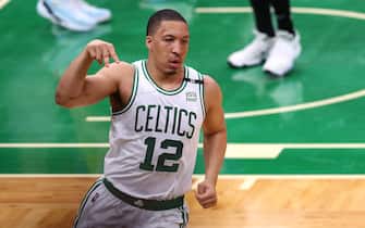 BOSTON, MASSACHUSETTS - JUNE 16: Grant Williams #12 of the Boston Celtics celebrates a three pointer against the Golden State Warriors during the fourth quarter in Game Six of the 2022 NBA Finals at TD Garden on June 16, 2022 in Boston, Massachusetts. NOTE TO USER: User expressly acknowledges and agrees that, by downloading and/or using this photograph, User is consenting to the terms and conditions of the Getty Images License Agreement. (Photo by Elsa/Getty Images)