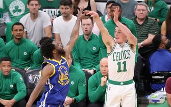 BOSTON, MA - JUNE 16: Payton Pritchard #11 of the Boston Celtics shoots a three point basket during Game Six of the 2022 NBA Finals against the Golden State Warriors on June 16, 2022 at TD Garden in Boston, Massachusetts. NOTE TO USER: User expressly acknowledges and agrees that, by downloading and or using this photograph, user is consenting to the terms and conditions of Getty Images License Agreement. Mandatory Copyright Notice: Copyright 2022 NBAE (Photo by Joe Murphy/NBAE via Getty Images)