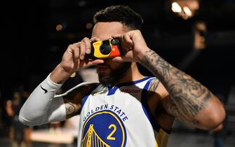 SAN FRANCISCO, CA -  SEPT. 27: Golden State Warriors"u2019 Chris Chiozza (2) uses a disposable camera to take pictures during media day at Chase Center in San Francisco, Calif., on Friday, May 21, 2021. (Photo by Jose Carlos Fajardo/MediaNews Group/East Bay Times via Getty Images)