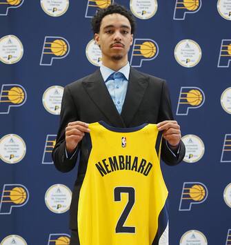 INDIANAPOLIS, IN - JUNE 24: The Indiana Pacers draft pick Andrew Nembhard poses for a photo during a press conference on June 23, 2022 at Ascension St. Vincent Center in Indianapolis, Indiana. NOTE TO USER: User expressly acknowledges and agrees that, by downloading and or using this Photograph, user is consenting to the terms and conditions of the Getty Images License Agreement. Mandatory Copyright Notice: Copyright 2022 NBAE (Photo by Ron Hoskins/NBAE via Getty Images)