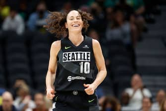 SEATTLE, WASHINGTON - JUNE 29: Sue Bird #10 of the Seattle Storm reacts during the first half against the Las Vegas Aces at Climate Pledge Arena on June 29, 2022 in Seattle, Washington. (Photo by Steph Chambers/Getty Images)
