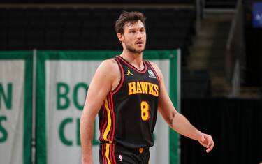 BOSTON, MA - FEBRUARY 19: Danilo Gallinari #8 of the Atlanta Hawks looks on during the game against the Boston Celtics on February 19, 2021 at the TD Garden in Boston, Massachusetts.  NOTE TO USER: User expressly acknowledges and agrees that, by downloading and or using this photograph, User is consenting to the terms and conditions of the Getty Images License Agreement. Mandatory Copyright Notice: Copyright 2021 NBAE  (Photo by Nathaniel S. Butler/NBAE via Getty Images)