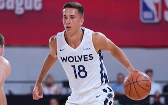LAS VEGAS, NV - JULY 8: Matteo Spagnolo #18 of the Minnesota Timberwolves dribbles the ball against the Denver Nuggets during the 2022 Las Vegas Summer League on July 8, 2022 at the Cox Pavilion in Las Vegas, Nevada NOTE TO USER: User expressly acknowledges and agrees that, by downloading and/or using this Photograph, user is consenting to the terms and conditions of the Getty Images License Agreement. Mandatory Copyright Notice: Copyright 2022 NBAE (Photo by Bart Young/NBAE via Getty Images)