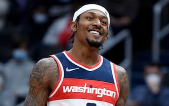 WASHINGTON, DC - NOVEMBER 05: Bradley Beal #3 of the Washington Wizards reacts to a call in the first half against the Memphis Grizzlies at Capital One Arena on November 05, 2021 in Washington, DC.  NOTE TO USER: User expressly acknowledges and agrees that, by downloading and or using this photograph, User is consenting to the terms and conditions of the Getty Images License Agreement. (Photo by G Fiume/Getty Images)
