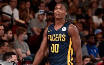 LAS VEGAS, NV - JULY 10: Bennedict Mathurin #0 of the Indiana Pacers looks on against the Sacramento Kings during the 2022 Las Vegas Summer League on July 10, 2022 at the Cox Pavilion in Las Vegas, Nevada NOTE TO USER: User expressly acknowledges and agrees that, by downloading and/or using this Photograph, user is consenting to the terms and conditions of the Getty Images License Agreement. Mandatory Copyright Notice: Copyright 2022 NBAE (Photo by David Dow/NBAE via Getty Images)