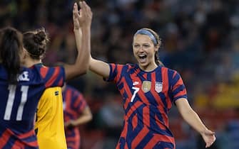 NEWCASTLE, AUSTRALIA - NOVEMBER 30: Ashley Hatch of the United States celebrates after scoring a goal during game two of the International Friendly series between the Australia Matildas and the United States of America Women's National Team at McDonald Jones Stadium on November 30, 2021 in Newcastle, Australia. (Photo by Steve Christo - Corbis/Corbis via Getty Images)