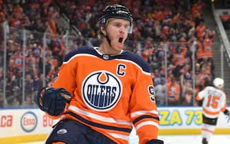 EDMONTON, AB - OCTOBER 16:  Connor McDavid #97 of the Edmonton Oilers celebrates after scoring a goal during the game against the Philadelphia Flyers on October 16, 2019, at Rogers Place in Edmonton, Alberta, Canada. (Photo by Andy Devlin/NHLI via Getty Images)