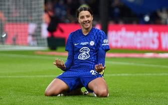 LONDON, ENGLAND - DECEMBER 05: Sam Kerr of Chelsea celebrates after scoring their team's third goal during the Vitality Women's FA Cup Final between Arsenal FC and Chelsea FC at Wembley Stadium on December 05, 2021 in London, England. (Photo by Harriet Lander - Chelsea FC/Chelsea FC via Getty Images)