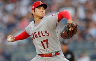 NEW YORK, NEW YORK - JUNE 30: Shohei Ohtani #17 of the Los Angeles Angels pitches during the first inning against the New York Yankees at Yankee Stadium on June 30, 2021 in the Bronx borough of New York City. (Photo by Sarah Stier/Getty Images)