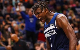 MINNEAPOLIS, MN - OCTOBER 20: Anthony Edwards #1 of the Minnesota Timberwolves during the game against the Houston Rockets at Target Center on October 20, 2021 in Minneapolis, Minnesota. NOTE TO USER: User expressly acknowledges and agrees that, by downloading and or using this photograph, User is consenting to the terms and conditions of the Getty Images License Agreement.  (Photo by Harrison Barden/Getty Images)