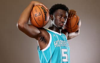 LAS VEGAS, NEVADA - JULY 15: Mark Williams #5 of the Charlotte Hornets poses during the 2022 NBA Rookie Portraits at UNLV on July 15, 2022 in Las Vegas, Nevada. NOTE TO USER: User expressly acknowledges and agrees that, by downloading and/or using this photograph, User is consenting to the terms and conditions of the Getty Images License Agreement. (Photo by Gregory Shamus/Getty Images)