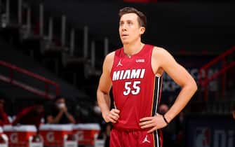MIAMI, FL - DECEMBER 25: Duncan Robinson #55 of the Miami Heat looks on during the game against the New Orleans Pelicans on December 25, 2020 at American Airlines Arena in Miami, Florida. NOTE TO USER: User expressly acknowledges and agrees that, by downloading and or using this Photograph, user is consenting to the terms and conditions of the Getty Images License Agreement. Mandatory Copyright Notice: Copyright 2020 NBAE (Photo by Issac Baldizon/NBAE via Getty Images)