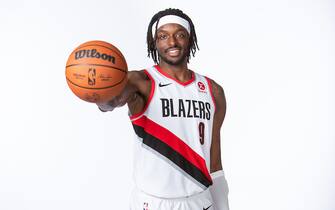 PORTLAND, OR - July 7: Jerami Grant of the Portland Trail Blazers poses for a portrait on July 7, 2022 in Portland, Oregon. NOTE TO USER: User expressly acknowledges and agrees that, by downloading and or using this photograph, user is consenting to the terms and conditions of the Getty Images License Agreement. Mandatory Copyright Notice: Copyright 2022 NBAE (Photo by Sam Forencich/NBAE via Getty Images)