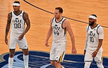 MEMPHIS, TENNESSEE - MAY 29: Jordan Clarkson #00 of the Utah Jazz ,Bojan Bogdanovic #44 and Mike Conley #10 during Round 1, Game 3 of the 2021 NBA Playoffs on May 29, 2021 at FedExForum in Memphis, Tennessee. NOTE TO USER: User expressly acknowledges and agrees that, by downloading and or using this photograph, User is consenting to the terms and conditions of the Getty Images License Agreement. (Photo by Justin Ford/Getty Images)