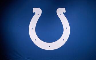 INDIANAPOLIS, IN - OCTOBER 18: A detail view of an Indianapolis Colts logo is seen on a banner in game action during a NFL game between the Indianapolis Colts and the Cincinnati Bengals on October 18, 2020, at Lucas Oil Stadium in Indianapolis, IN. (Photo by MSA/Icon Sportswire)