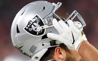 CLEVELAND, OH - DECEMBER 20: The helmet of Foster Moreau #87 of the Las Vegas Raiders during the second half against the Cleveland Browns at FirstEnergy Stadium in Cleveland, Ohio. (Photo by Nick Cammett/Diamond Images via Getty Images)