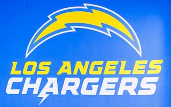 LOS ANGELES, CA - FEBRUARY 08: Detail view of the Los Angeles Chargers logo seen at the Super Bowl Experience on February 08, 2022, at the Los Angeles Convention Center in Los Angeles, CA. (Photo by Ric Tapia/Icon Sportswire via Getty Images)