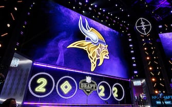 LAS VEGAS, NV - APRIL 28: General view of the Minnesota Vikings logo during the NFL Draft on April 28, 2022 in Las Vegas, Nevada. (Photo by Jeff Speer/Icon Sportswire via Getty Images)
