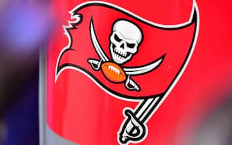 TAMPA, FLORIDA - OCTOBER 10: A detail view of a Tampa Bay Buccaneers logo prior to the game against the Miami Dolphins at Raymond James Stadium on October 10, 2021 in Tampa, Florida. (Photo by Julio Aguilar/Getty Images)