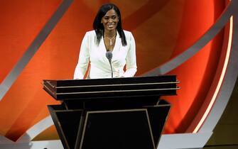 SPRINGFIELD, MASSACHUSETTS - SEPTEMBER 10: Naismith Memorial Basketball Hall of Fame Class of 2022 enshrinee Swin Cash speaks during the 2022 Basketball Hall of Fame Enshrinement Ceremony at Symphony Hall on September 10, 2022 in Springfield, Massachusetts. (Photo by Maddie Meyer/Getty Images)