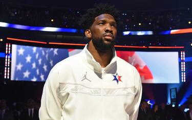 CHICAGO, IL - FEBRUARY 16: Joel Embiid #24 of Team Giannis stands on the court for the National Anthem before the 69th NBA All-Star Game as part of 2020 NBA All-Star Weekend on February 16, 2020 at United Center in Chicago, Illinois. NOTE TO USER: User expressly acknowledges and agrees that, by downloading and/or using this Photograph, user is consenting to the terms and conditions of the Getty Images License Agreement. Mandatory Copyright Notice: Copyright 2020 NBAE (Photo by Juan Ocampo/NBAE via Getty Images)