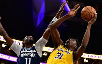 LAS VEGAS, NV - OCTOBER 6: Thomas Bryant #31 of the Los Angeles Lakers drives to the basket during the game against the Minnesota Timberwolves on October 6, 2022 at Michelob ULTRA Arena in Las Vegas, Nevada. NOTE TO USER: User expressly acknowledges and agrees that, by downloading and or using this photograph, User is consenting to the terms and conditions of the Getty Images License Agreement. Mandatory Copyright Notice: Copyright 2022 NBAE (Photo by Barry Gossage/NBAE via Getty Images)