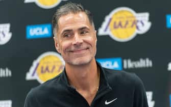 26 September 2022, US, Los Angeles: General manager Rob Pelinka speaks at a press conference. The Los Angeles Lakers start their preparation for the upcoming NBA season on Tuesday. Photo: Maximilian Haupt/dpa (Photo by Maximilian Haupt/picture alliance via Getty Images)