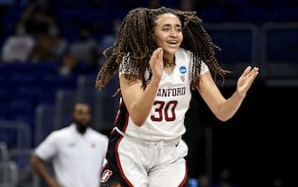 SAN ANTONIO, TEXAS - MARCH 30: Haley Jones #30 of the Stanford Cardinal celebrates her basket in the second half against the Louisville Cardinals during the Elite Eight round of the NCAA Women's Basketball Tournament at Alamodome on March 30, 2021 in San Antonio, Texas.The Stanford Cardinal defeated the Louisville Cardinals 78-63 to advance to the Final Four. (Photo by Elsa/Getty Images)