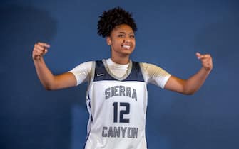 CHATSWORTH, CA - OCTOBER 27, 2021: JuJu Watkins, a member of the Sierra High School girls basketball team, poses for a photographer  during media day inside the schools gymnasium. (Mel Melcon / Los Angeles Times via Getty Images)