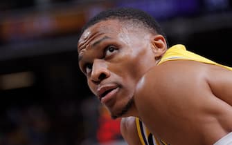 SACRAMENTO, CA - OCTOBER 14: Russell Westbrook #0 of the Los Angeles Lakers looks on during the game against the Sacramento Kings on October 14, 2022 at Golden 1 Center in Sacramento, California. NOTE TO USER: User expressly acknowledges and agrees that, by downloading and or using this Photograph, user is consenting to the terms and conditions of the Getty Images License Agreement. Mandatory Copyright Notice: Copyright 2022 NBAE (Photo by Rocky Widner/NBAE via Getty Images)