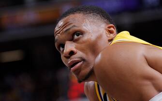 SACRAMENTO, CA - OCTOBER 14: Russell Westbrook #0 of the Los Angeles Lakers looks on during the game against the Sacramento Kings on October 14, 2022 at Golden 1 Center in Sacramento, California. NOTE TO USER: User expressly acknowledges and agrees that, by downloading and or using this Photograph, user is consenting to the terms and conditions of the Getty Images License Agreement. Mandatory Copyright Notice: Copyright 2022 NBAE (Photo by Rocky Widner/NBAE via Getty Images)