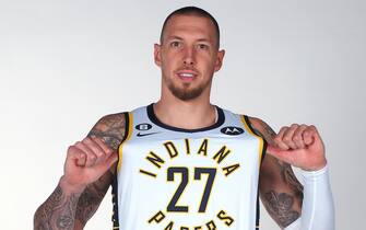 INDIANAPOLIS, IN - SEPTEMBER 29: Daniel Theis of the Indiana Pacers poses for a portrait during the NBA Media Day on September 29, 2022 at St. Vincent Training Center in Indianapolis, Indiana. NOTE TO USER: User expressly acknowledges and agrees that, by downloading and or using this Photograph, user is consenting to the terms and conditions of the Getty Images License Agreement. Mandatory Copyright Notice: Copyright 2022 NBAE (Photo by Ron Hoskins/NBAE via Getty Images)