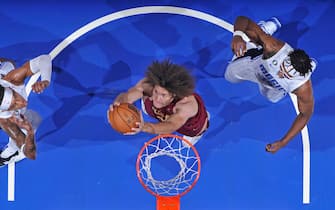 ORLANDO, FL - OCTOBER 14: Robin Lopez #33 of the Cleveland Cavaliers grabs a rebound against the Orlando Magic during a preseason game on October 14, 2022 at Amway Center in Orlando, Florida. NOTE TO USER: User expressly acknowledges and agrees that, by downloading and or using this photograph, User is consenting to the terms and conditions of the Getty Images License Agreement. Mandatory Copyright Notice: Copyright 2022 NBAE (Photo by Fernando Medina/NBAE via Getty Images)