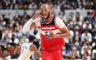 SAITAMA, JAPAN - SEPTEMBER 30: Taj Gibson #67 of the Washington Wizards celebrates during the game against the Golden State Warriors as part of the 2022 NBA Japan Games on September 30, 2022 at Saitama Super Arena in Saitama, Japan . NOTE TO USER: User expressly acknowledges and agrees that, by downloading and or using this Photograph, user is consenting to the terms and conditions of the Getty Images License Agreement. Mandatory Copyright Notice: Copyright 2022 NBAE (Photo by Stephen Gosling/NBAE via Getty Images)