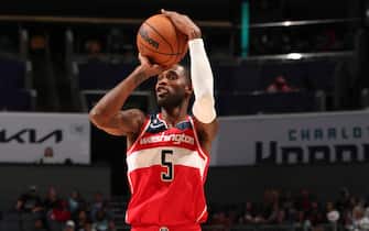 CHARLOTTE, NC - OCTOBER 10: Will Barton #5 of the Washington Wizards shoots the ball during the game against the Charlotte Hornets on October 10, 2022 at Spectrum Center in Charlotte, North Carolina. NOTE TO USER: User expressly acknowledges and agrees that, by downloading and or using this photograph, User is consenting to the terms and conditions of the Getty Images License Agreement. Mandatory Copyright Notice: Copyright 2022 NBAE (Photo by Kent Smith/NBAE via Getty Images)