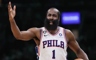 BOSTON, MASSACHUSETTS - OCTOBER 18: James Harden #1 of the Philadelphia 76ers reacts during the second half against the Boston Celtics at TD Garden on October 18, 2022 in Boston, Massachusetts. NOTE TO USER: User expressly acknowledges and agrees that, by downloading and or using this photograph, User is consenting to the terms and conditions of the Getty Images License Agreement. (Photo by Maddie Meyer/Getty Images)