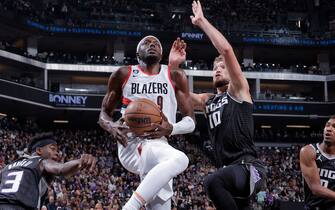 SACRAMENTO, CA - OCTOBER 19: Jerami Grant #9 of the Portland Trail Blazers drives to the basket against the Sacramento Kings on October 19, 2022 at Golden 1 Center in Sacramento, California. NOTE TO USER: User expressly acknowledges and agrees that, by downloading and or using this Photograph, user is consenting to the terms and conditions of the Getty Images License Agreement. Mandatory Copyright Notice: Copyright 2022 NBAE (Photo by Rocky Widner/NBAE via Getty Images)