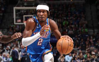 MINNEAPOLIS, MN -  OCTOBER 19: Shai Gilgeous-Alexander #2 of the Oklahoma City Thunder drives to the basket during the game on October 19, 2022 at Target Center in Minneapolis, Minnesota. NOTE TO USER: User expressly acknowledges and agrees that, by downloading and or using this Photograph, user is consenting to the terms and conditions of the Getty Images License Agreement. Mandatory Copyright Notice: Copyright 2022 NBAE (Photo by David Sherman/NBAE via Getty Images)