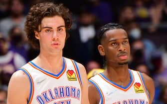 LOS ANGELES, CA - NOVEMBER 4: Josh Giddey #3 and Shai Gilgeous-Alexander #2 of the Oklahoma City Thunder stand on the court against the Los Angeles Lakers on November 4, 2021 at STAPLES Center in Los Angeles, California. NOTE TO USER: User expressly acknowledges and agrees that, by downloading and/or using this Photograph, user is consenting to the terms and conditions of the Getty Images License Agreement. Mandatory Copyright Notice: Copyright 2021 NBAE (Photo by Adam Pantozzi/NBAE via Getty Images)