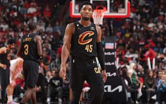 CHICAGO, IL - OCTOBER 22: Donovan Mitchell #45 of the Cleveland Cavaliers looks on during the game against the Chicago Bulls on October 22, 2022 at United Center in Chicago, Illinois. NOTE TO USER: User expressly acknowledges and agrees that, by downloading and or using this photograph, User is consenting to the terms and conditions of the Getty Images License Agreement. Mandatory Copyright Notice: Copyright 2022 NBAE (Photo by Jeff Haynes/NBAE via Getty Images)