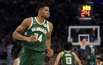 MILWAUKEE, WISCONSIN - OCTOBER 22: Giannis Antetokounmpo #34 of the Milwaukee Bucks reacts to a three point shot during the second half of a game against the Houston Rockets at Fiserv Forum on October 22, 2022 in Milwaukee, Wisconsin. NOTE TO USER: User expressly acknowledges and agrees that, by downloading and or using this photograph, User is consenting to the terms and conditions of the Getty Images License Agreement. (Photo by Stacy Revere/Getty Images)