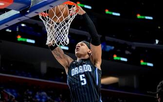 DETROIT, MICHIGAN - OCTOBER 19: Paolo Banchero #5 of the Orlando Magic dunks the ball against the Detroit Pistons at Little Caesars Arena on October 19, 2022 in Detroit, Michigan. NOTE TO USER: User expressly acknowledges and agrees that, by downloading and or using this photograph, User is consenting to the terms and conditions of the Getty Images License Agreement. (Photo by Nic Antaya/Getty Images)