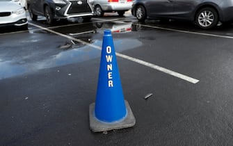 A cone reserves Joe Lacob's parking spot at Oracle Arena before Golden State Warriors play Phoenix Suns in NBA game in Oakland, Calif., on Sunday, March 10, 2019.