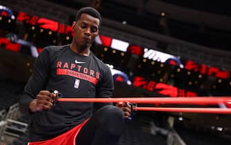 ALBERTA, CANADA - OCTOBER 2: Christian Koloko #35 of the Toronto Raptors warms up before a preseason game on October 2, 2022 at the Rogers Place in Edmonton, Alberta, Canada.  NOTE TO USER: User expressly acknowledges and agrees that, by downloading and or using this Photograph, user is consenting to the terms and conditions of the Getty Images License Agreement.  Mandatory Copyright Notice: Copyright 2022 NBAE (Photo by Vaughn Ridley/NBAE via Getty Images)