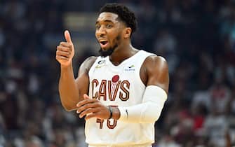 CLEVELAND, OHIO - OCTOBER 23: Donovan Mitchell #45 of the Cleveland Cavaliers reacts during the second quarter against the Washington Wizards at Rocket Mortgage Fieldhouse on October 23, 2022 in Cleveland, Ohio. NOTE TO USER: User expressly acknowledges and agrees that, by downloading and or using this photograph, User is consenting to the terms and conditions of the Getty Images License Agreement. (Photo by Jason Miller/Getty Images)