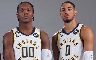 INDIANAPOLIS, IN - SEPTEMBER 26: Buddy Heild #24, Bennedict Mathurin #00, and Tyrese Haliburton #0 of the Indiana Pacers during the Pacers Media Day on September 26, 2022 at St. Vincent Training Center in Indianapolis, Indiana. NOTE TO USER: User expressly acknowledges and agrees that, by downloading and or using this Photograph, user is consenting to the terms and conditions of the Getty Images License Agreement. Mandatory Copyright Notice: Copyright 2022 NBAE (Photo by Ron Hoskins/NBAE via Getty Images)