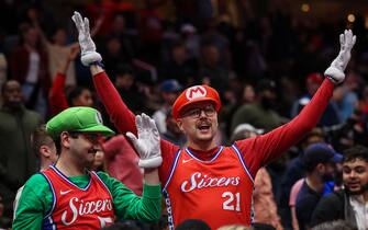 WASHINGTON, DC - OCTOBER 31: Philadelphia 76ers in Halloween costume celebrate during the second half of the game between the Washington Wizards and the Philadelphia 76ers at Capital One Arena on October 31, 2022 in Washington, DC. NOTE TO USER: User expressly acknowledges and agrees that, by downloading and or using this photograph, User is consenting to the terms and conditions of the Getty Images License Agreement. (Photo by Scott Taetsch/Getty Images)