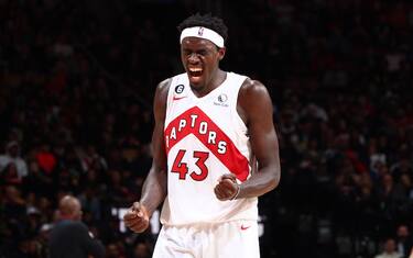 TORONTO, CANADA - OCTOBER 31: Pascal Siakam #43 of the Toronto Raptors celebrates during the game against the Atlanta Hawks on October 31, 2022 at the Scotiabank Arena in Toronto, Ontario, Canada.  NOTE TO USER: User expressly acknowledges and agrees that, by downloading and or using this Photograph, user is consenting to the terms and conditions of the Getty Images License Agreement.  Mandatory Copyright Notice: Copyright 2022 NBAE (Photo by Vaughn Ridley/NBAE via Getty Images)