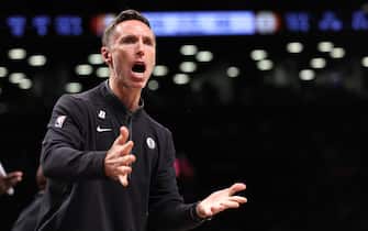 NEW YORK, NEW YORK - OCTOBER 31: Brooklyn Nets head coach Steve Nash reacts to a call during the second quarter of the game against the Indiana Pacers at Barclays Center on October 31, 2022 in New York City. NOTE TO USER: User expressly acknowledges and agrees that, by downloading and or using this photograph, User is consenting to the terms and conditions of the Getty Images License Agreement. (Photo by Dustin Satloff/Getty Images)