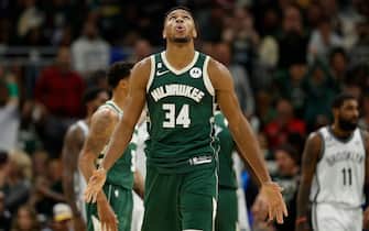 MILWAUKEE, WISCONSIN - OCTOBER 26: Giannis Antetokounmpo #34 of the Milwaukee Bucks reacts after scoring during the second half of the game against the Brooklyn Nets at Fiserv Forum on October 26, 2022 in Milwaukee, Wisconsin. NOTE TO USER: User expressly acknowledges and agrees that, by downloading and or using this photograph, User is consenting to the terms and conditions of the Getty Images License Agreement. (Photo by John Fisher/Getty Images)